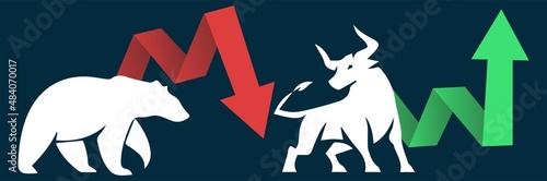 Bull or bullish run; Bear or bearish market trend in crypto currency or stocks. Trade exchange, green up or red down arrows graph. Stock market price chart. Global economy crash or boom. Vector