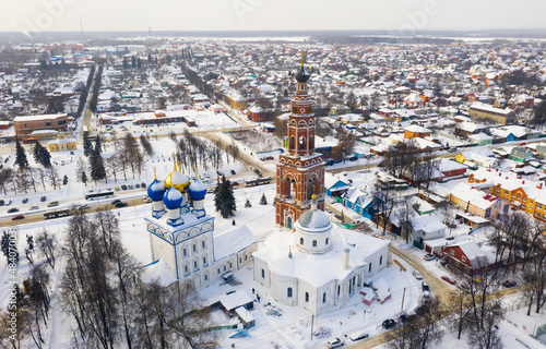 Cathedral complex of Bronnitsy in Moscow region, Russia. View of The Bell Tower and church of the Archangel Michael in winter time