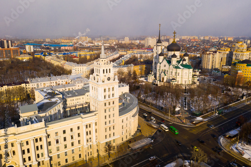 Aerial view of main Cathedral and Southeast Railway Building in Voronezh on a sunny winter day, Russia