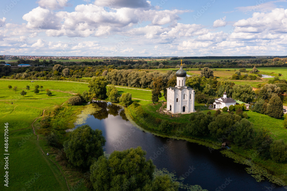 Aerial drone view of medieval Church of Intercession on the Nerl in summer, Russia