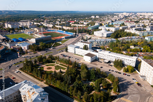 Aerial drone view of Dzerzhinsk city center in Nizhny Novgorod Oblast, Russia