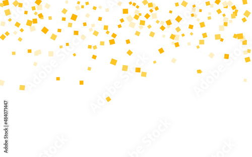 Stylish gold square confetti tinsels falling on white. Luxurious Confetti Fall From Top To Bottom. Postcard Square Design eps.10