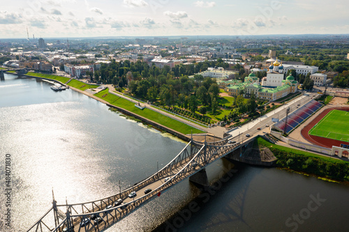 Bird's eye view of Tver, Russia. Savior Transfiguration Cathedral and Tver Regional Picture Gallery seen from above.