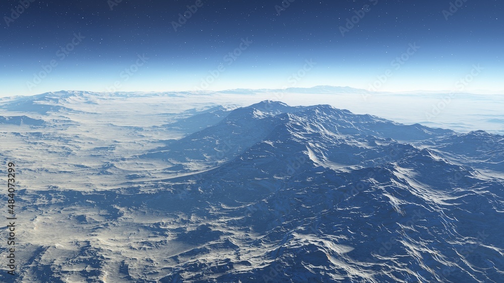 Fototapeta premium alien planet landscape sci fi spatial background, view from planet surface with spectacular sky, realistic digital illustration