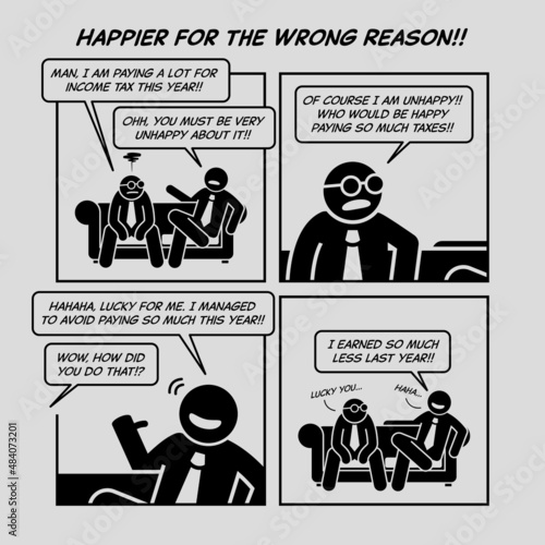 Funny comic strip. Happier for the wrong reason. Two businessman friend talking casually and discussing about paying income taxes on a sofa couch. photo