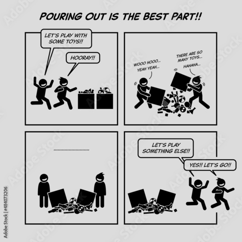 Funny comic strip. Pouring out is the best part. Two naughty kids messing up the house by pouring out the toy boxes and not playing with them.