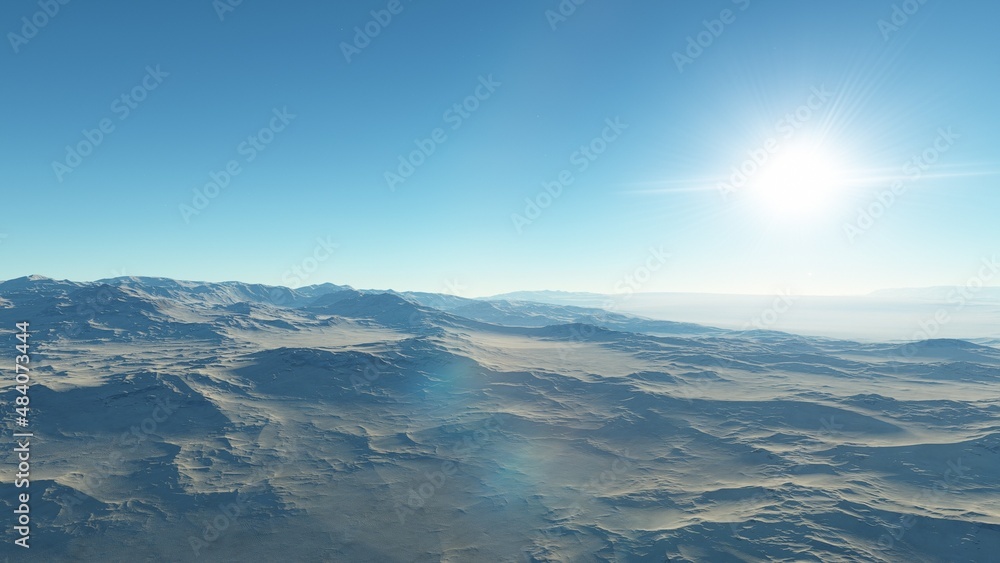 Fototapeta premium alien planet landscape sci fi spatial background, view from planet surface with spectacular sky, realistic digital illustration