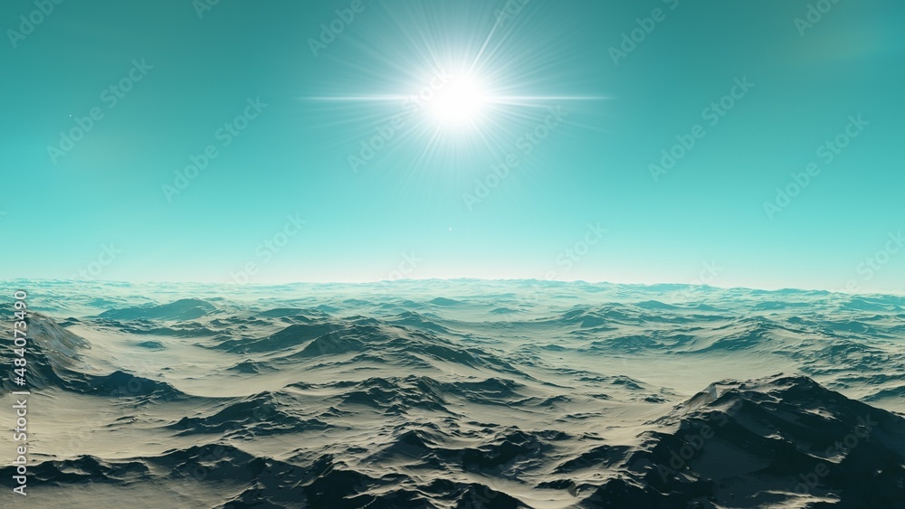 Fototapeta premium alien planet landscape sci fi spatial background, view from planet surface with spectacular sky, realistic digital illustration