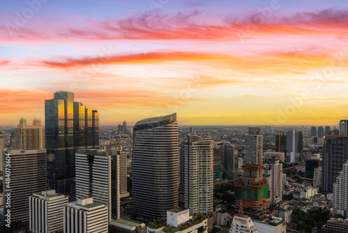 Aerial view of modern office buildings in Bangkok downtown with sunrise time  Bangkok  Thailand