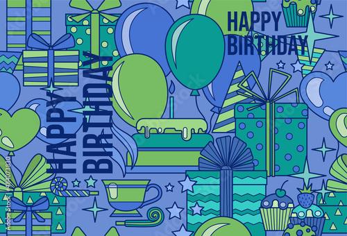 Seamless vector pattern Happy Birthday. In green-blue tones, flat, linear. Cake, balloons, gifts, cupcakes with tea. For packaging paper, wallpaper, postcards, fabric and other goods