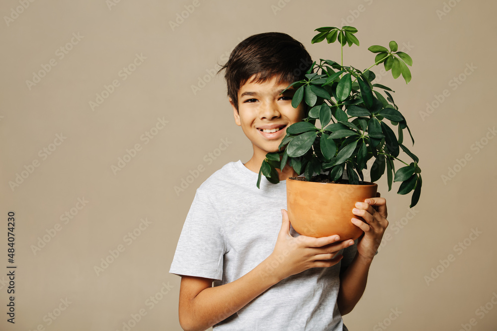 Happy smiling casually dressed indian boy holding potted plant close to his face Happy smiling casually dressed indian boy holding potted plant close to his face
