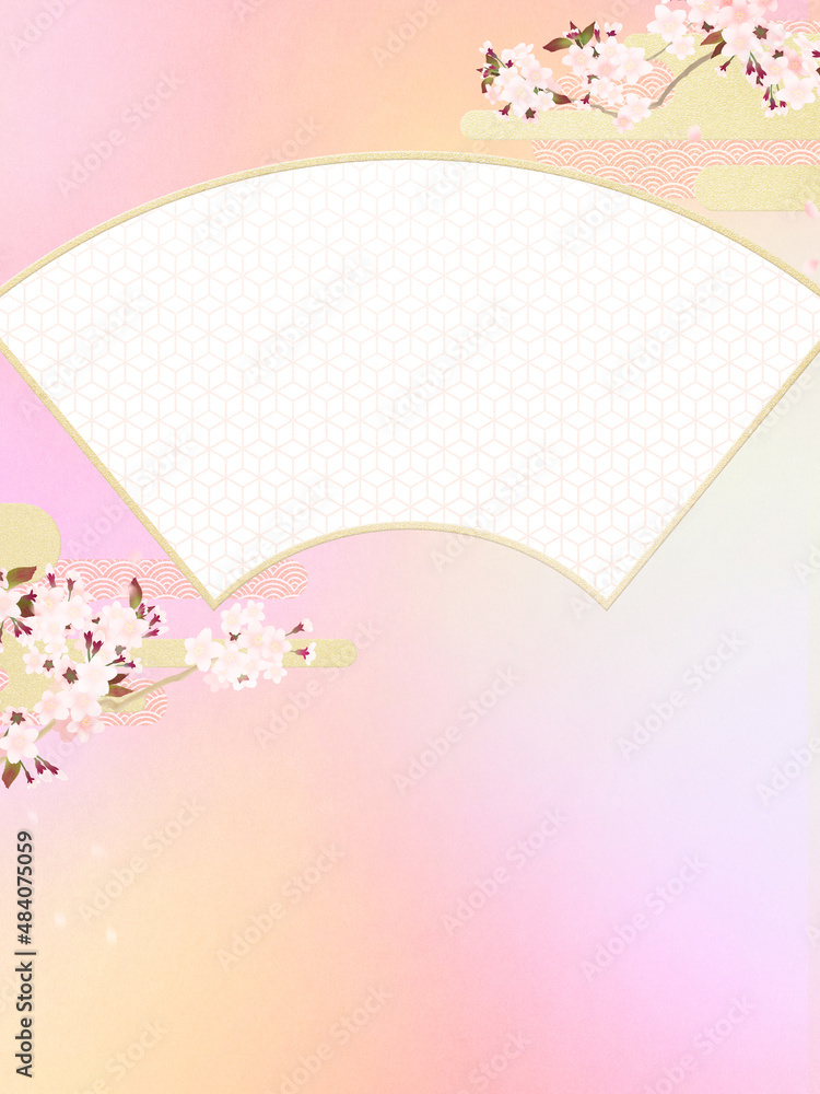 Pastel color oriental background material using fan and cherry blossoms