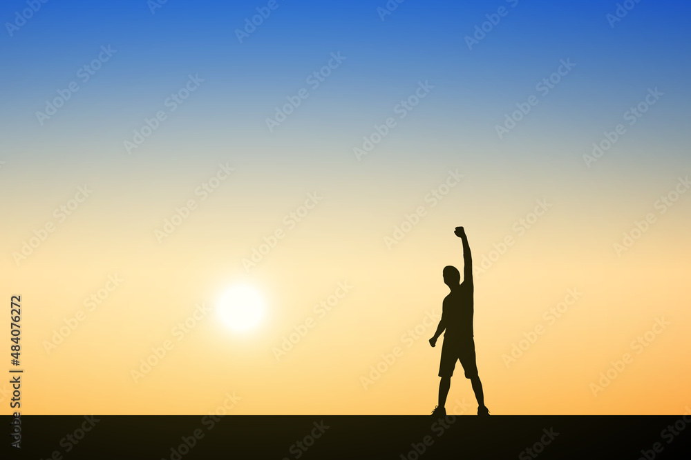 Silhouette of people standing raising hands. Illustration sunset background. Business, teamwork, goal and success concept. Silhouette of people standing raising hands. Illustration sunset background. Business, teamwork, goal and success concept.