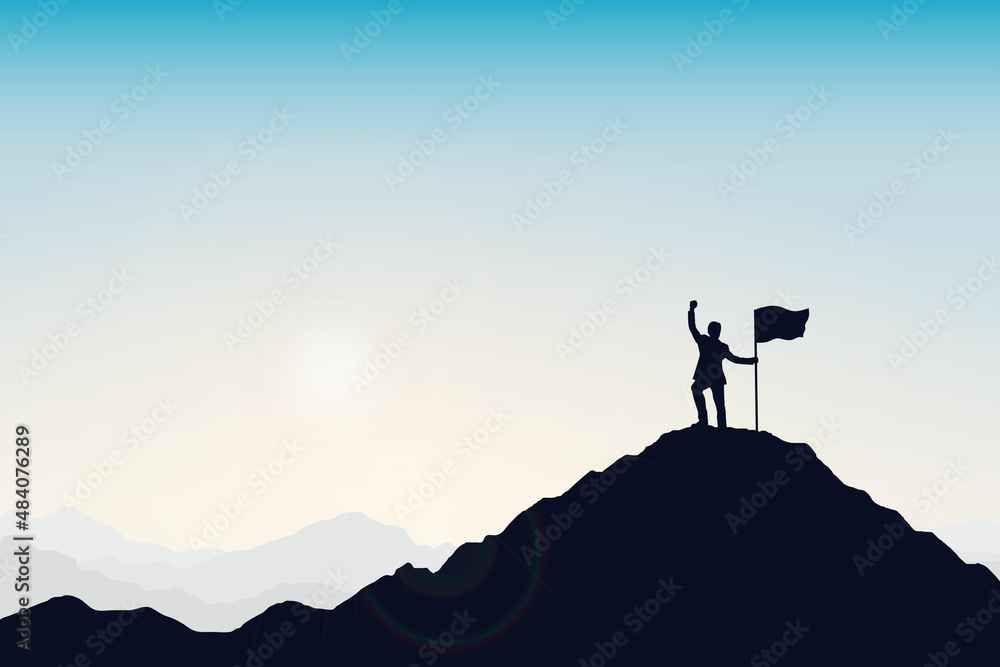 Silhouette of people and flag on top the mountain. Illustration sky background. Business, teamwork, goal and success concept.