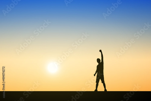 Silhouette of people standing raising hands. Illustration sunset background. Business, teamwork, goal and success concept.