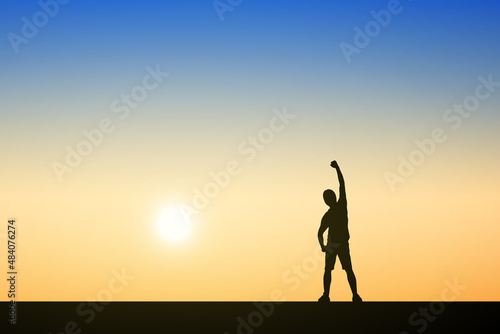 Silhouette of people standing raising hands. Illustration sunset background. Business, teamwork, goal and success concept. © cofficevit