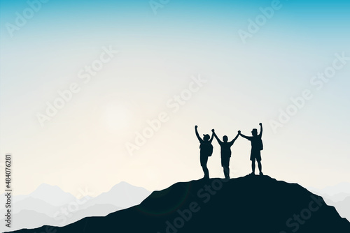 Silhouette group of people on top the mountain. Illustration sunset background. Business  teamwork  goal and success concept.