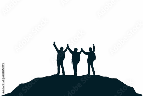 Silhouette of people on top the mountain. Illustration white background. Business, teamwork, goal and success concept.