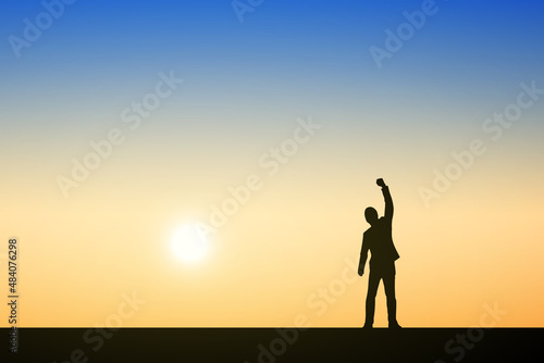 Fototapeta Naklejka Na Ścianę i Meble -  silhouette of a person with a raised arms. Illustration sunset background. Business, teamwork, goal and success concept.