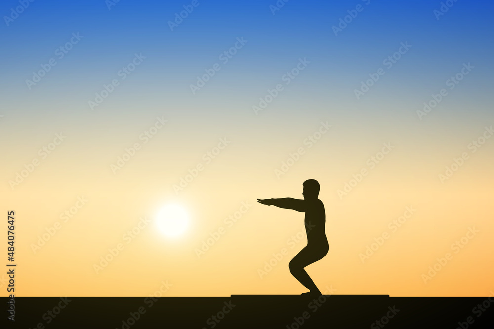 Silhouette of young people doing yoga exercises at sunset background. health concept.