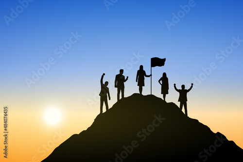 Silhouette of people on top the mountain at sunrise. Business, teamwork, goal, success and help concept.