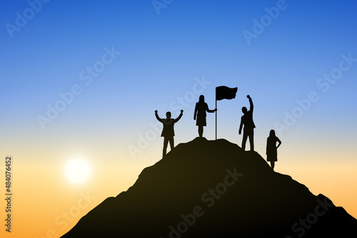 Silhouette of people on top the mountain at sunrise. Business, teamwork, goal, success and help concept.