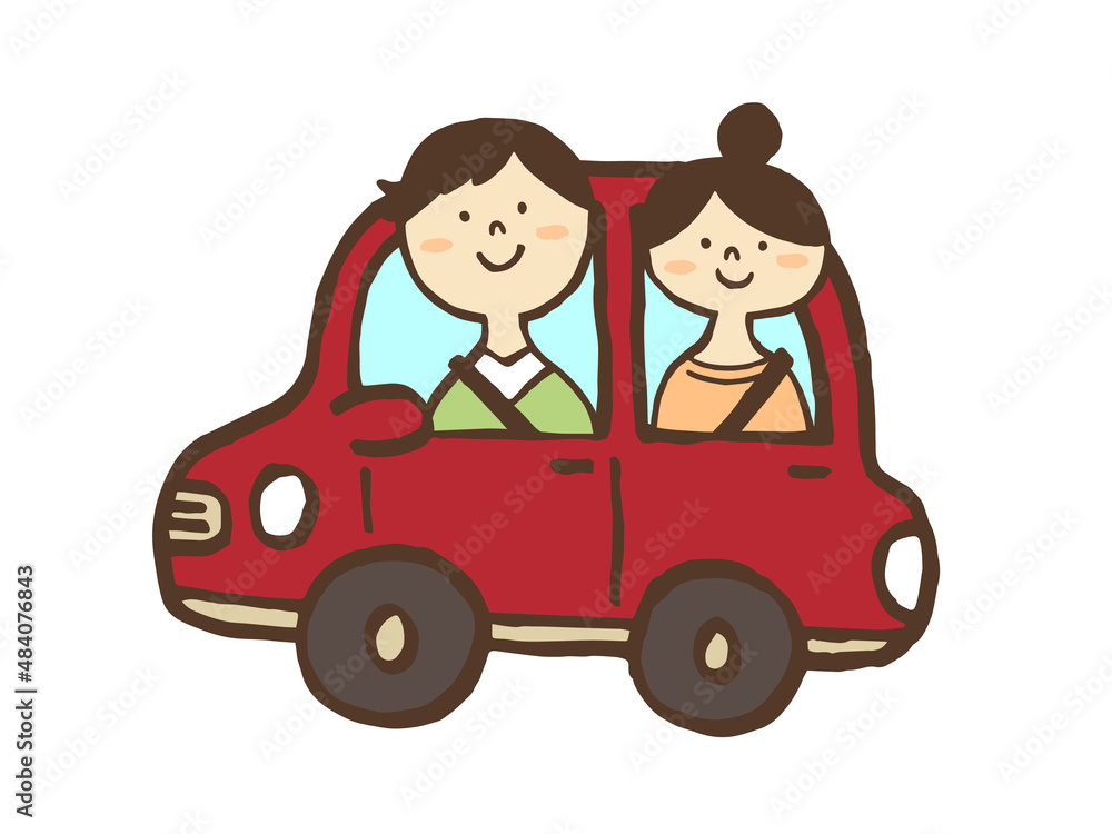 かわいいドライブしている男性と女性／手描きイラスト素材