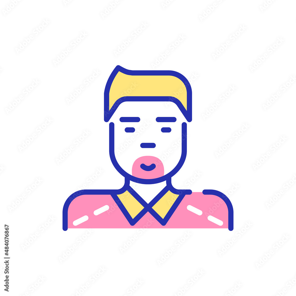Young asian man with a moustache wearing a shirt. Pixel perfect, editable stroke fun color icon