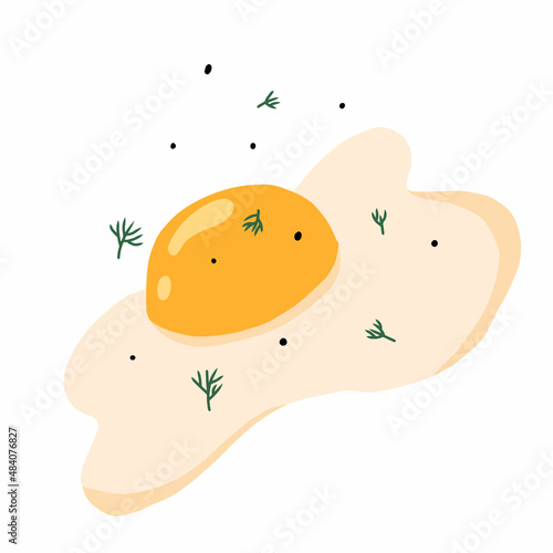  Vector illustration of scrambled eggs with greens. Cute egg breakfast. Omelet with greens.