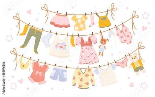 Cartoon cotton kids pants, socks, dress or shorts, cute infant bodysuit hanging on rope to dry after washing in laundry isolated on white. Baby clothes hang on clothesline vector illustration set