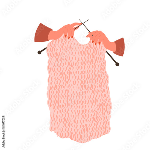 Women hands knit handmade scarf or jumper from wool yarn vector illustration. Cartoon hands holding knitting needles and knitwear isolated on white. Creative handicraft, workshop, craftwork concept