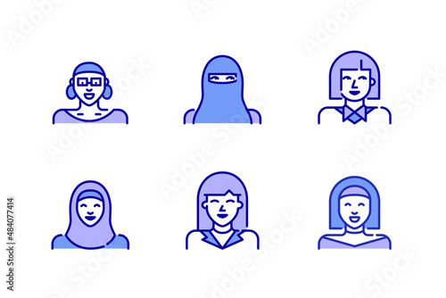 Set of woman avatar icons. Students, girls, women in hijab and niqab. Pixel perfect, editable stroke color icons