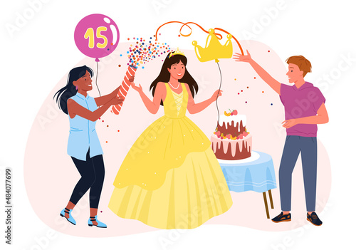Cartoon beautiful girl in pink dress and friends celebrate with cake, boy holding balloons with number 15. Quinceanera concept. Birthday party celebration for fifteen princess