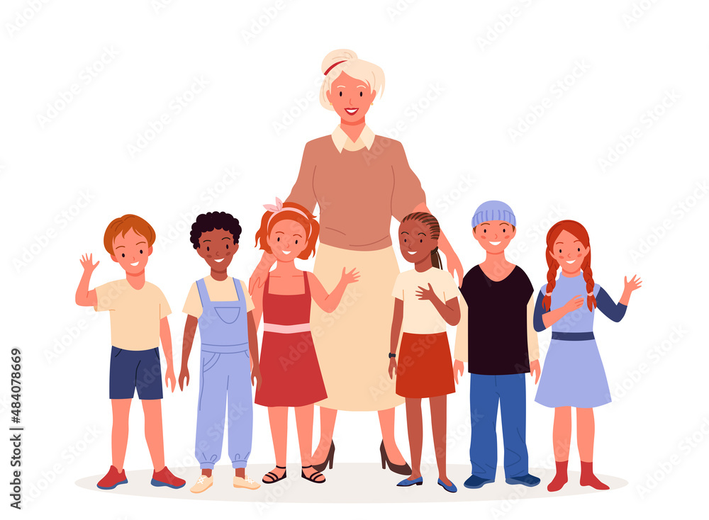 Teacher and school children vector illustration. Cartoon female educator standing with happy young students, group of cute kids smiling and cheerful pupils waving with fun. Primary education concept Teacher and school children vector illustration. Cartoon female educator standing with happy young students, group of cute kids smiling and cheerful pupils waving with fun. Primary education concept