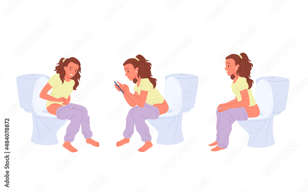Woman sitting on toilet bowl set vector illustration. Cartoon funny person at home restroom, using mobile phone, constipated girl suffering from ache isolated on white. Hygiene, medicine concept Woman sitting on toilet bowl set vector illustration. Cartoon funny person at home restroom, using mobile phone, constipated girl suffering from ache isolated on white. Hygiene, medicine concept