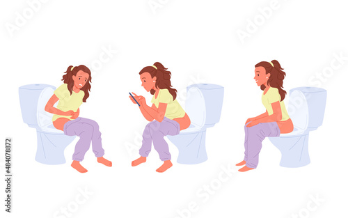 Woman sitting on toilet bowl set vector illustration. Cartoon funny person at home restroom, using mobile phone, constipated girl suffering from ache isolated on white. Hygiene, medicine concept