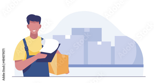 Warehouse worker checking goods on pallet stock. Warehouse inventory and delivery workers.