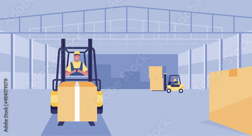 man driving forklift loader pallet truck warehouse robot car parcel box delivery logistic transport concept.