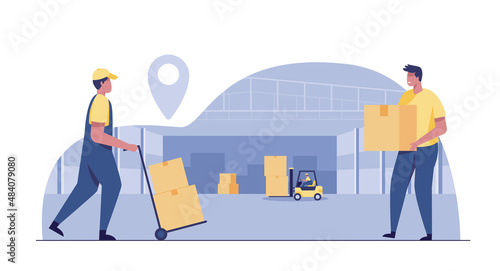 warehouse worker pushing a hand truck