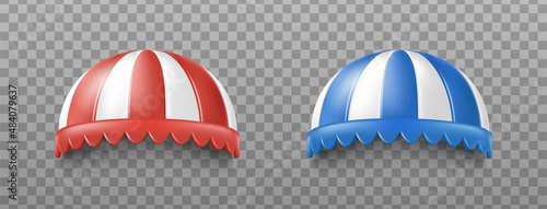 3d realistic vector icon set. Red and blue canopy for restaurants and cafe awning, pop up store.