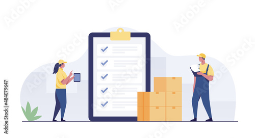 Inventory management with goods demand and stock supply tiny person concept photo