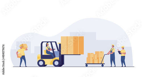 Warehouse Workers Loading, Stacking Goods with Electric Hand Lifters and Forklift Truck.