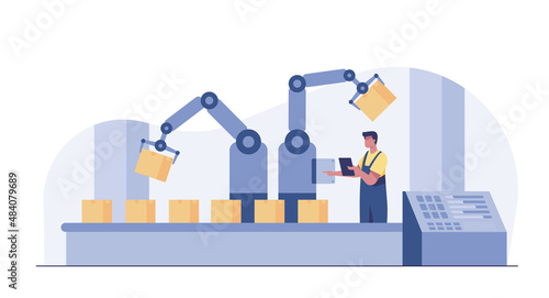 Industry 4.0 factory works robotic arm. Smart industrial revolution