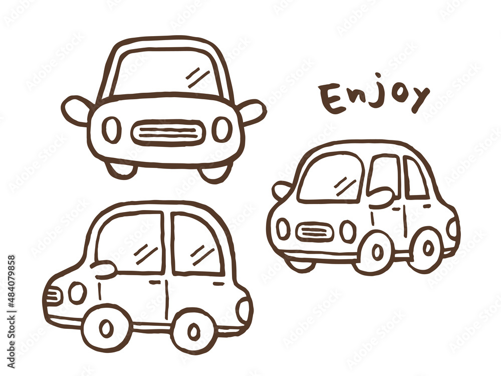 かわいい車の線画3点セットとEnjoyの手書き文字／手描き文字イラスト素材