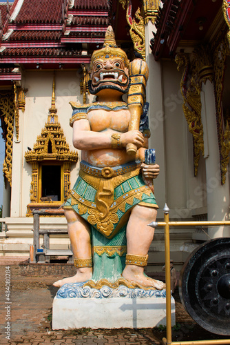 Kings Thao Wessuwan or Vasavana Kuvera giant statue for thai people travel visit and respect praying holy deity mystery at Wat Tenplai temple in Si Prachan of Suphanburi city in Suphan Buri, Thailand