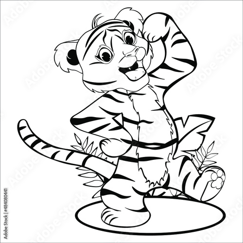 Black and white drawing of a tiger cub for coloring book. A small tiger stands on its hind legs against the background of leaves. Vector illustration.