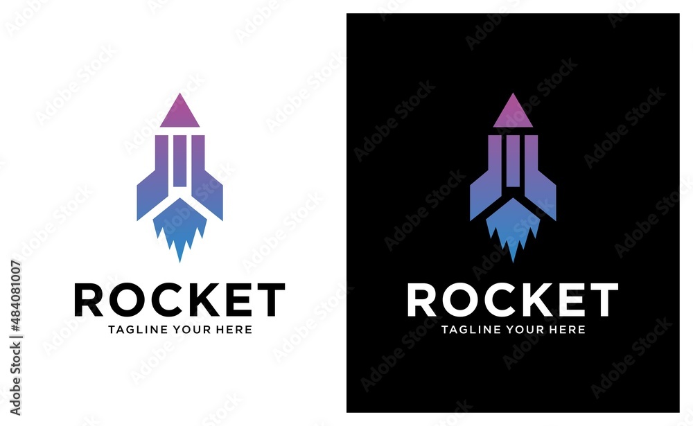 rocket logo with an illustration of a rocket sliding upwards reflecting growth or development. on a black and white background.