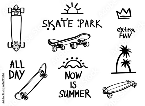 Doodle skate board black sketch set. Skateboard vector illustration. Hand drawn simple sport elements on white background. Cool street graphic print.