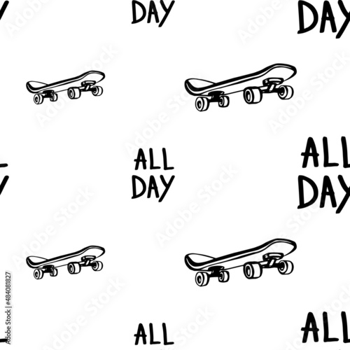 Skateboarding all day doodle pattern. Seamless background with skateboards. Black line art icon. Cute cartoon kids teens design. Outline drawing logo minimal style.