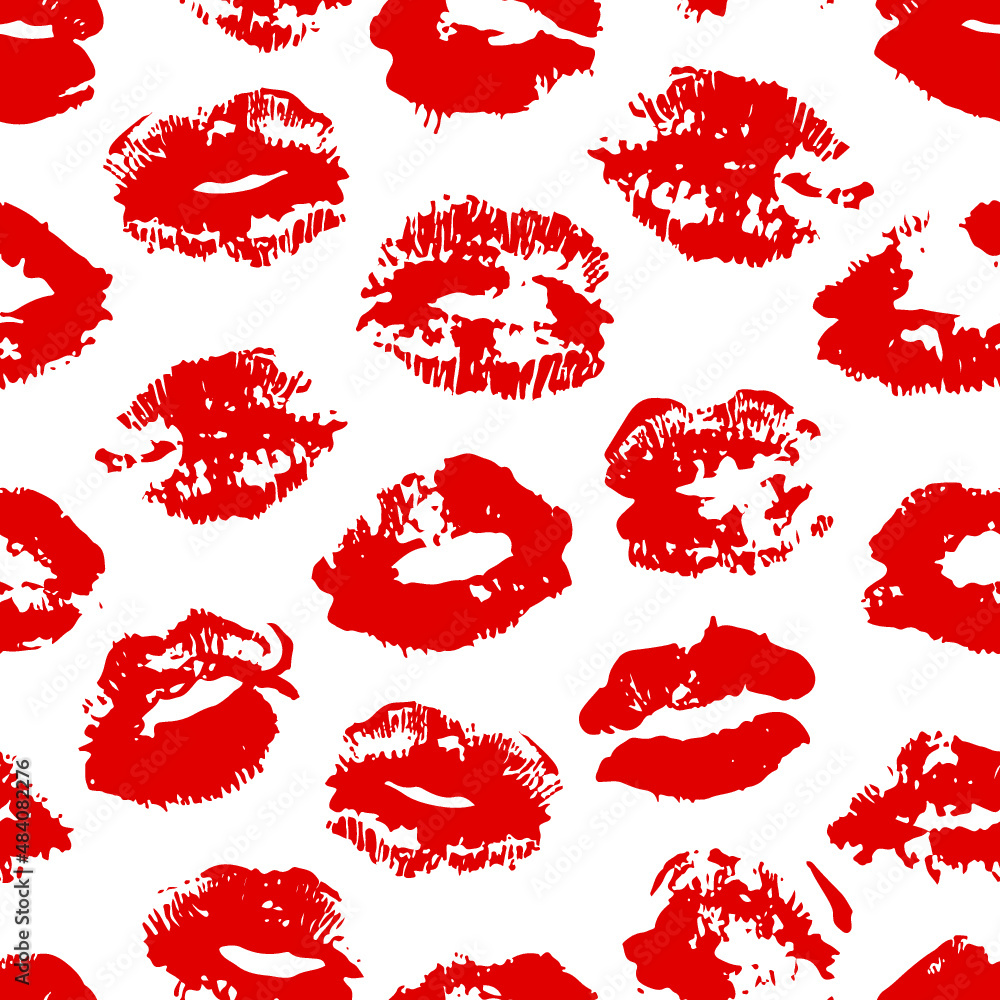 Fototapeta premium Hand drawn fashion illustration lipstick kiss. Female seamless pattern with red lips. Romantic vector background